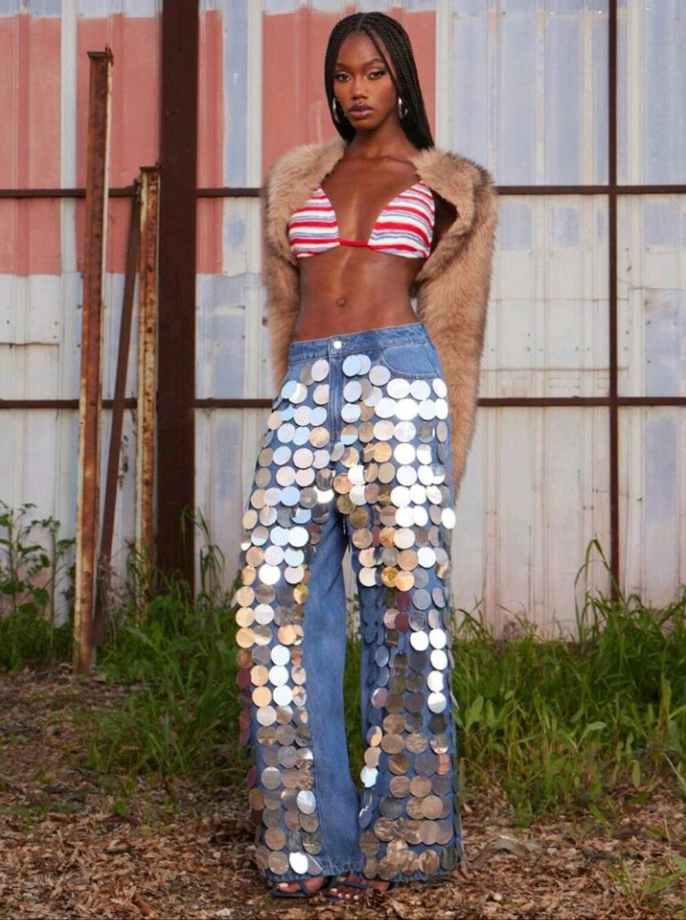 Denim Jean Baggy Straight Pant Versatile Sequin Glitter Shine Sparkle Bedazzle - Picture 3 of 10